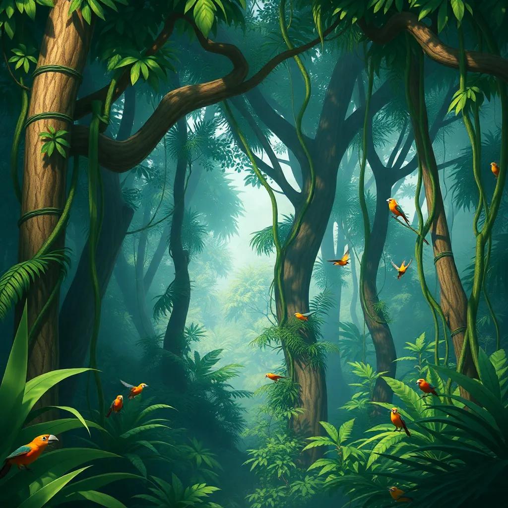 A dense jungle filled with tall trees, thick vines, and colorful birds flying around, with sounds of monkeys in the background, digital painting, detailed scenery, bright colors, lively feel, high quality