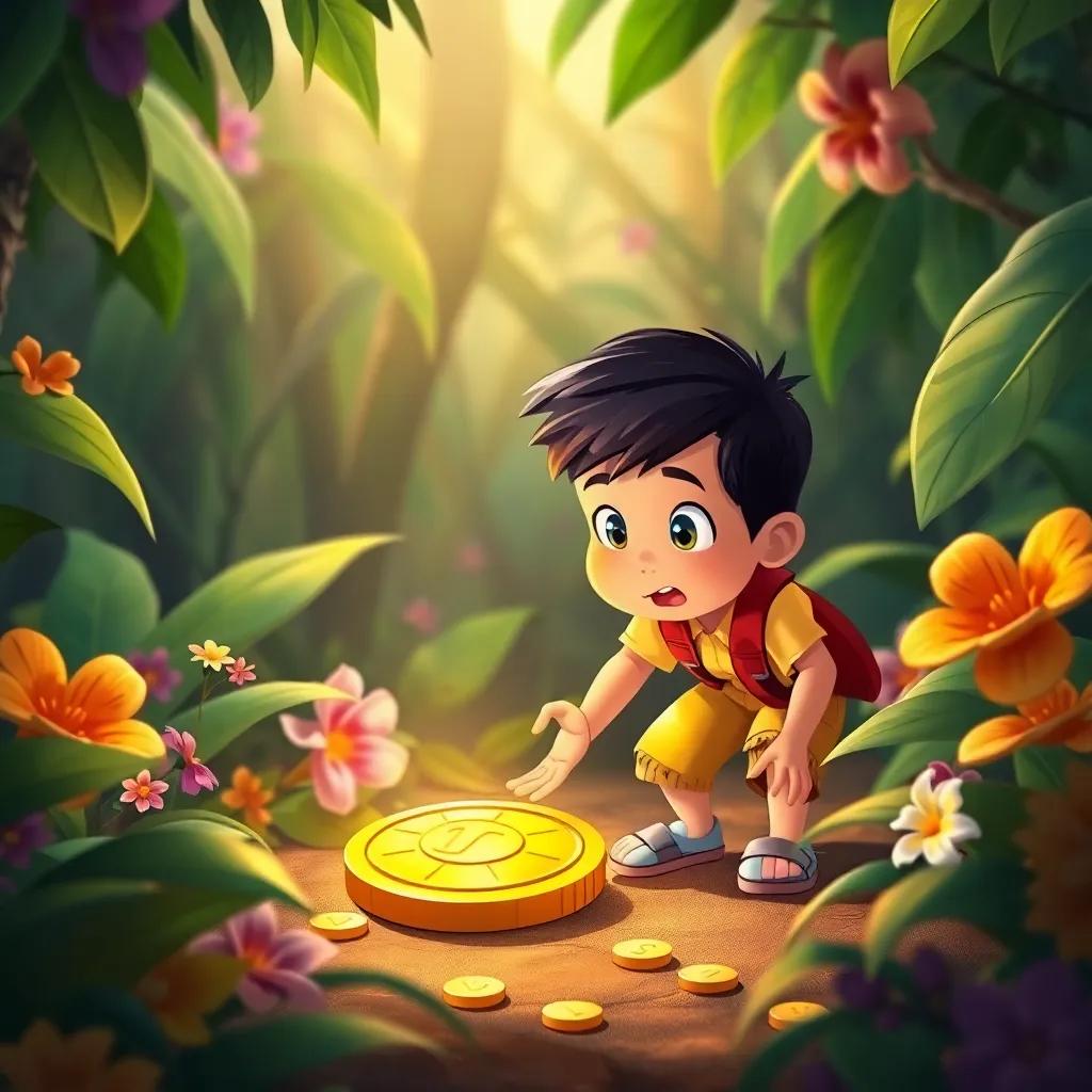 A golden coin shining on the jungle floor, surrounded by green leaves and colorful flowers, with a surprised young explorer, Max, reaching down to pick it up, illustration, bright lighting, cheerful mood, child-friendly style, high quality