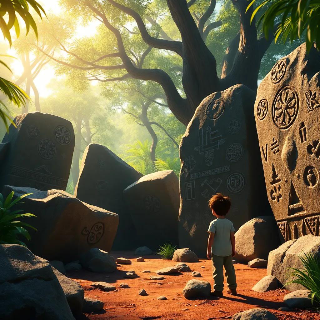 Ancient stones with carvings and symbols in the middle of the jungle, Max looking at the stones with wonder, sunlight filtering through the trees, digital art, detailed focus, warm colors, adventurous atmosphere, high quality