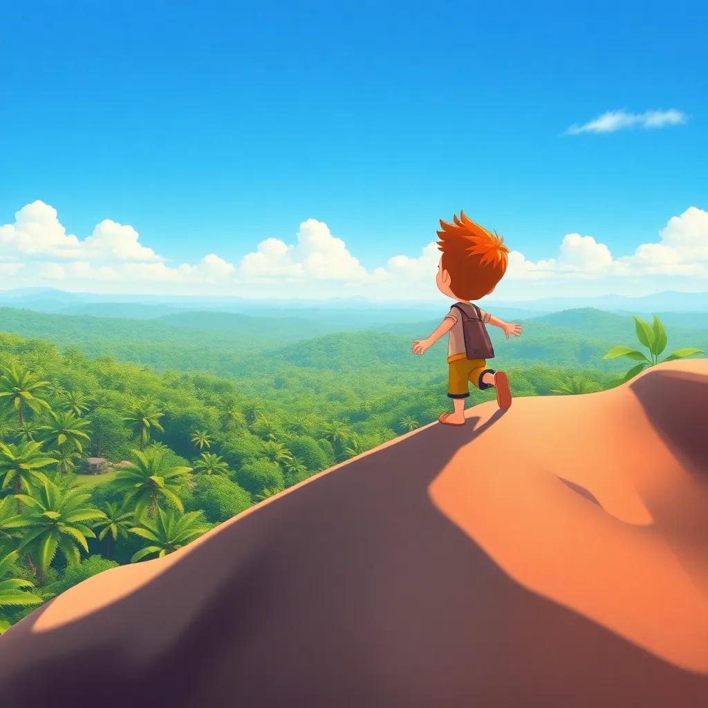 Max climbing a hill, his little legs working hard, with a view of the vast jungle horizon, a bright blue sky above, illustration, uplifting perspective, cheerful colors, child-friendly style, high quality