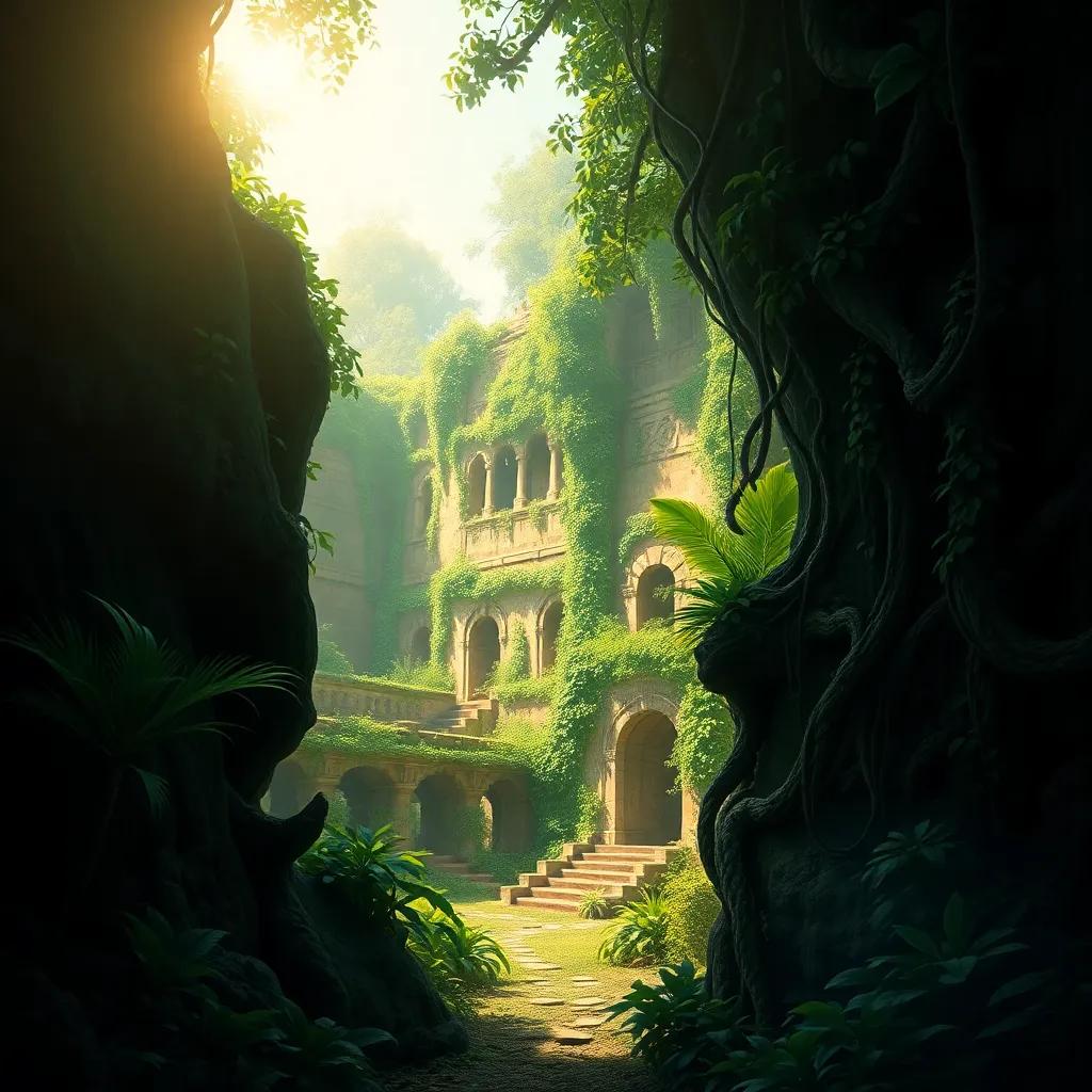 An opening in the thick jungle that reveals the lost city with ancient walls covered in green vines, a sense of mystery and wonder, digital painting, warm sunlight illuminating the scene, inviting tone, high quality