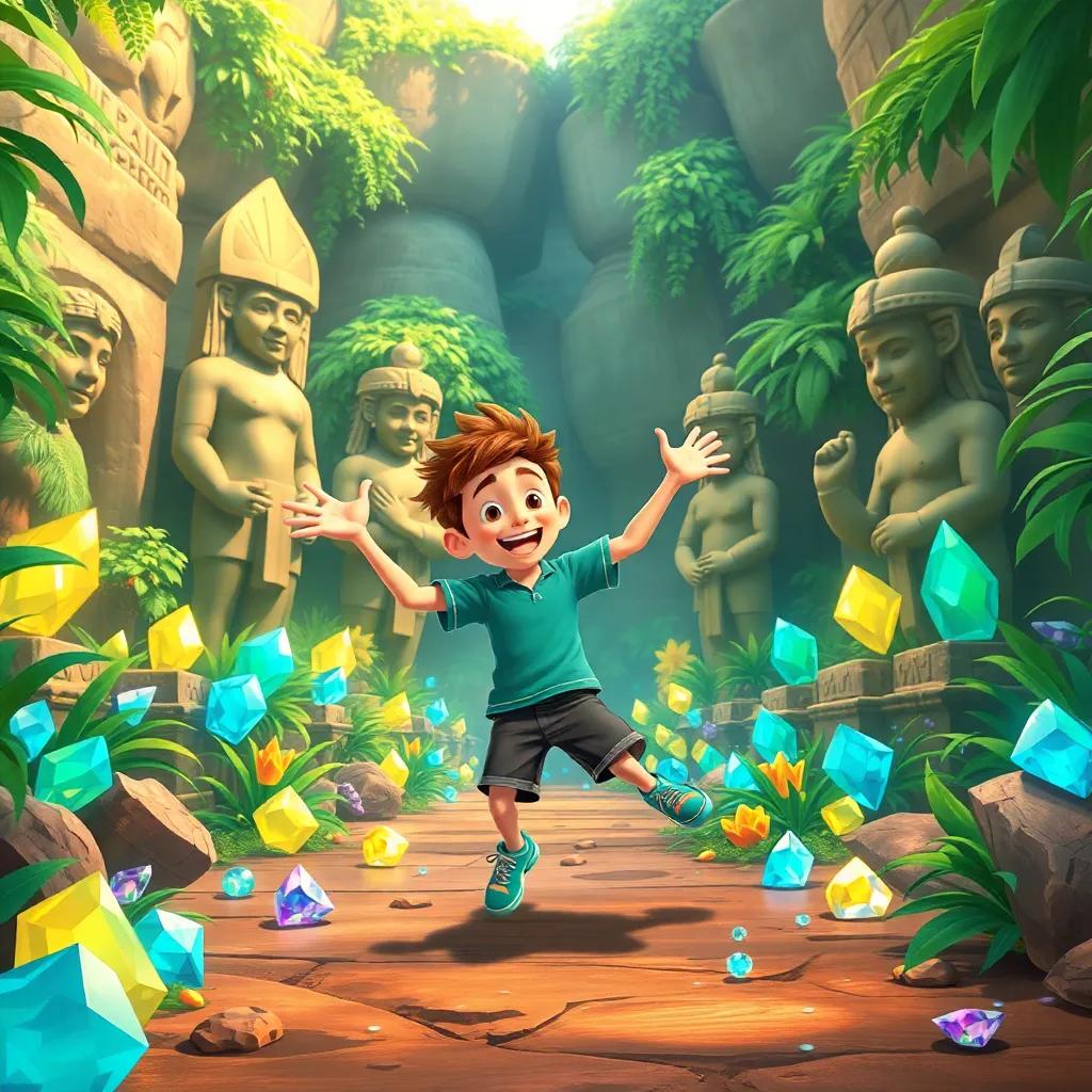 Max joyfully dancing among sparkling gems and ancient statues in the lost city, surrounded by lush greenery, his excitement evident, illustration, bright colors, joyful atmosphere, child-friendly style, high quality