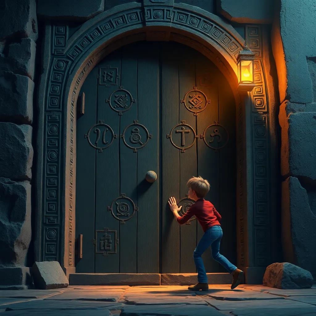 A large, old door with ancient symbols engraved, Max bravely pushing a stone to open it, digital art, mysterious lighting, intriguing colors, high quality