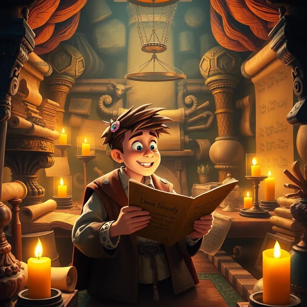 An ancient room full of scrolls and artifacts, Max reading a scroll with excitement, warm candlelight illuminating the treasures, detailed painting, rich colors, storytelling vibe, high quality
