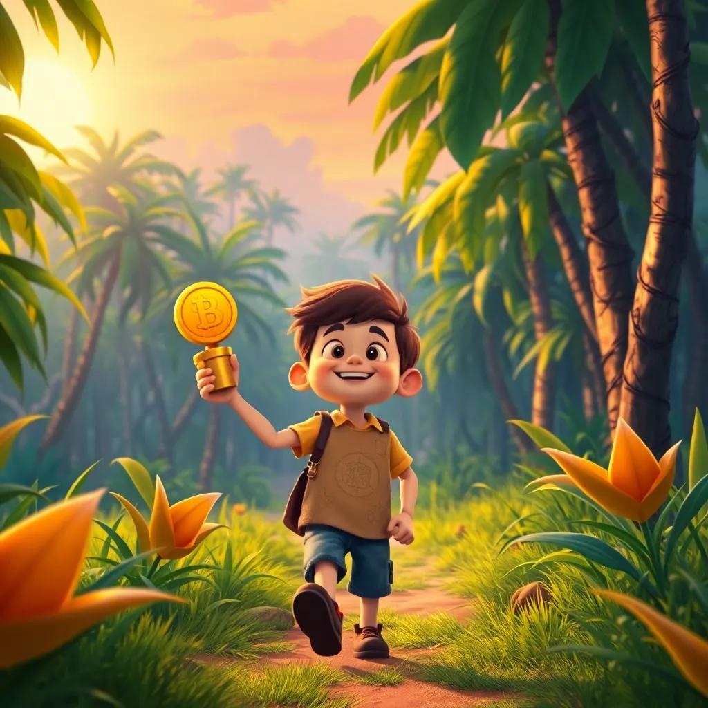 Max happily walking back through the jungle, his treasure map and a golden coin in hand, imagining telling his friends about his adventure, digital painting, joyful mood, sunset colors, child-friendly style, high quality