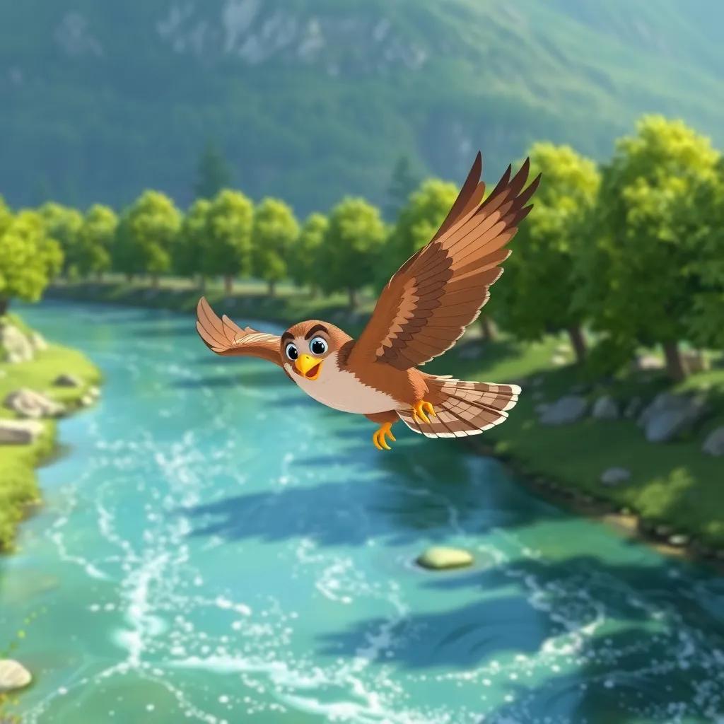 A brave falcon named Freddie soaring over a sparkling river, gliding gracefully, sunny day, lush green trees lining the bank, child-friendly illustration, happy and adventurous