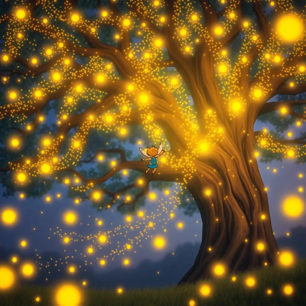 Flick flying towards a big tree filled with bright, dancing fireflies, with golden swirls in the air, joyful ambiance, vibrant colors, child-friendly, high-quality