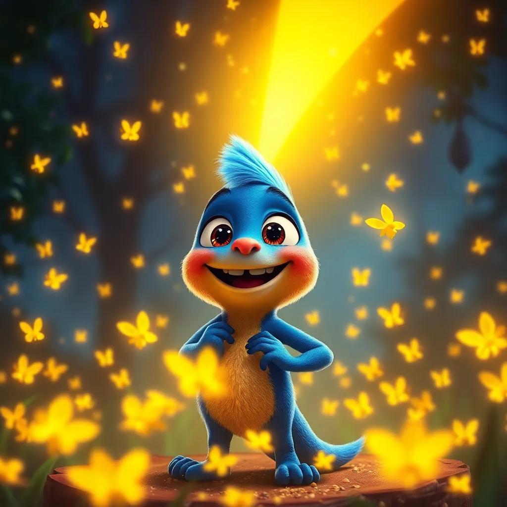 Flick feeling proud as he shines brighter now, surrounded by cheering fireflies, twinkling lights creating a beautiful sight, celebration atmosphere, colorful, high-quality