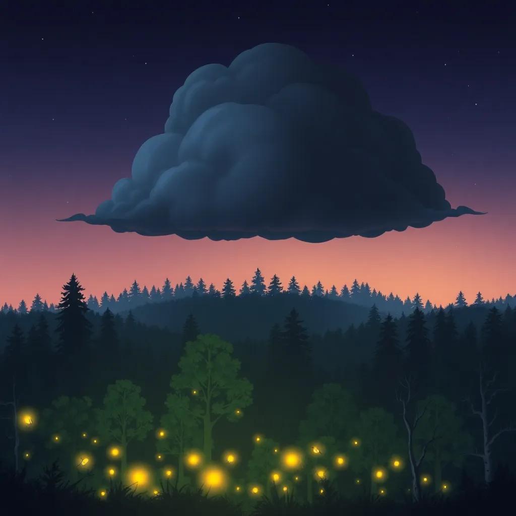 A dark cloud rolling over the forest, making the fireflies dim their lights, creating a spooky atmosphere, contrasting colors, digital art, child-friendly, high-quality