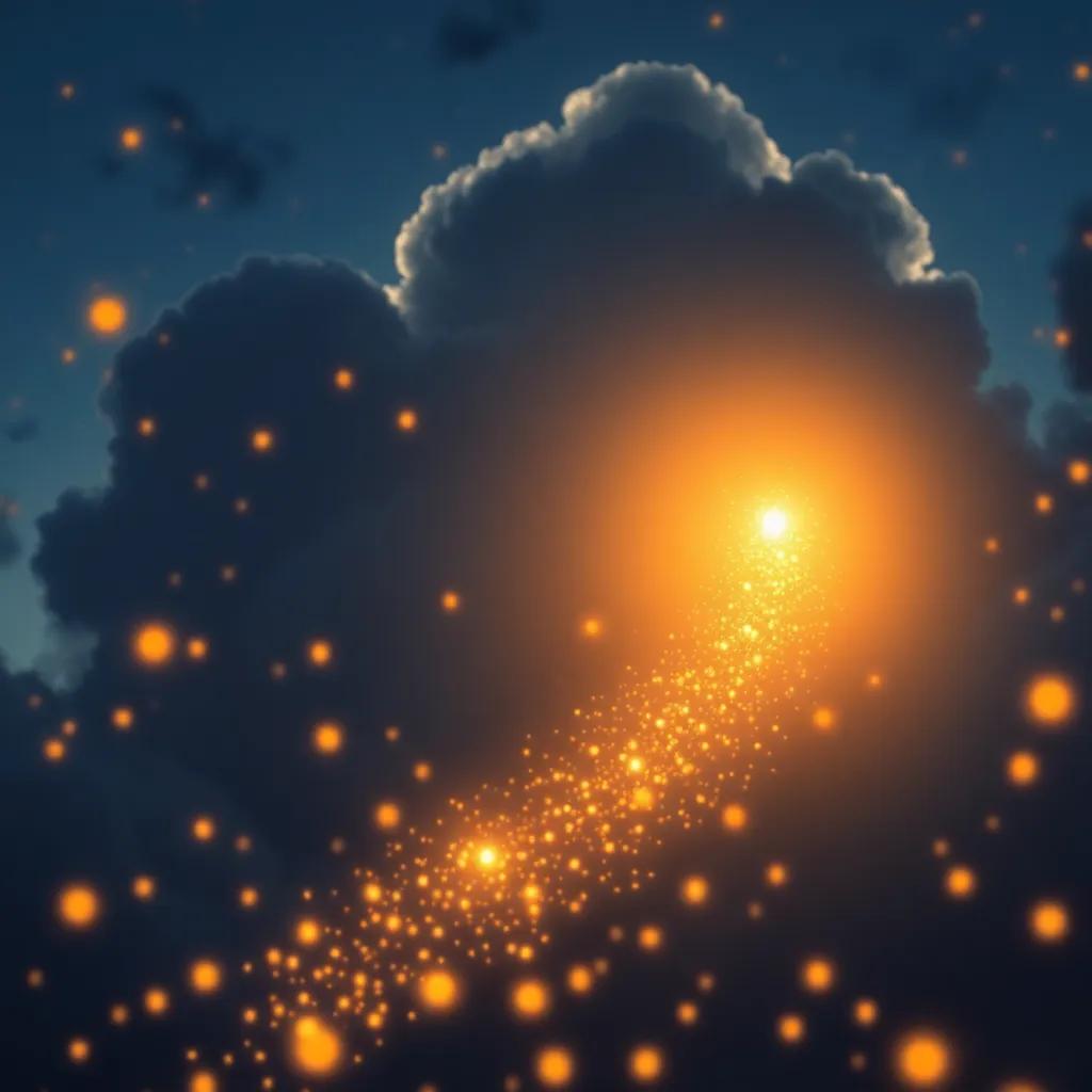 Flick zipping into the air, glowing brightly and showing patterns against the dark cloud, surrounded by inspirational fireflies, vibrant spectacle, warm light, high-quality
