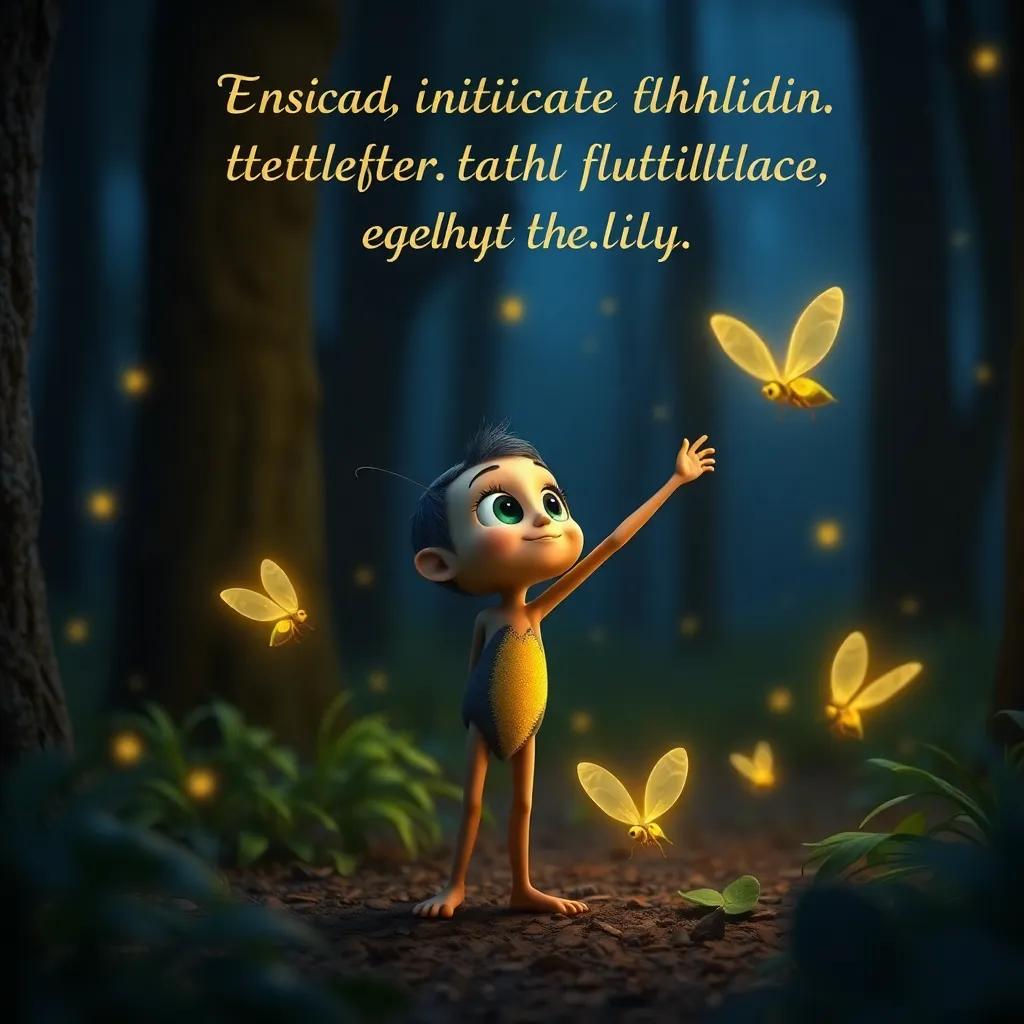 Flick proudly teaching other little fireflies to shine, looking determined and kind in the forest, inspirational, warm atmosphere, child-friendly, high-quality
