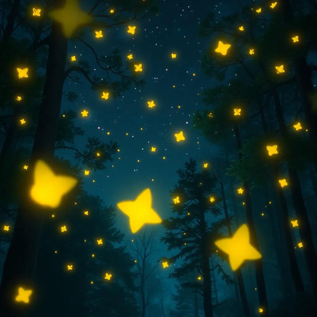 Fireflies flying freely in the dark night, lighting up a forest filled with trees and twinkling stars, joyous and magical scene, high-quality