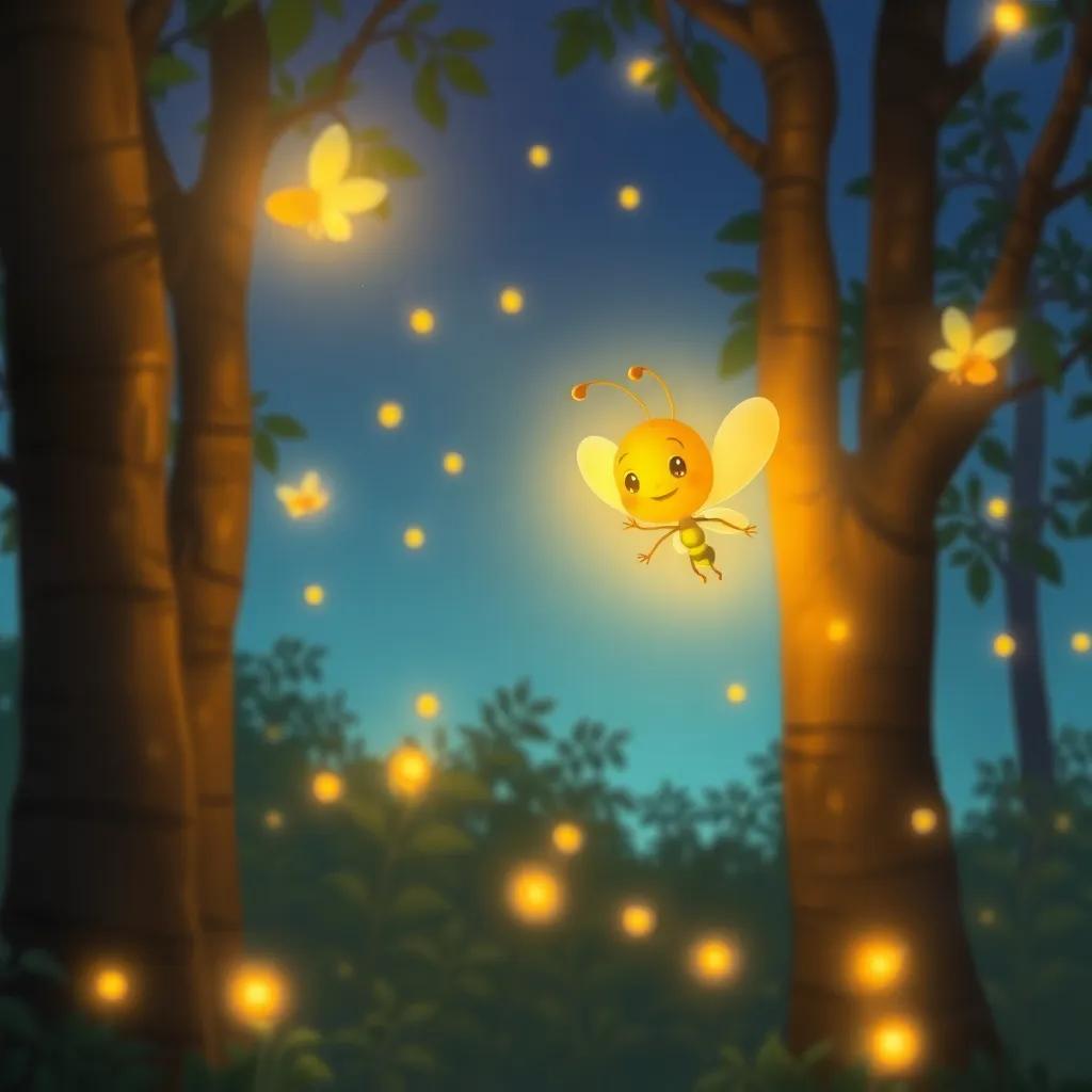 A little firefly glowing brightly amidst the trees, showing hope and friendship to other fireflies, warm light, encouraging atmosphere, child-friendly, high-quality