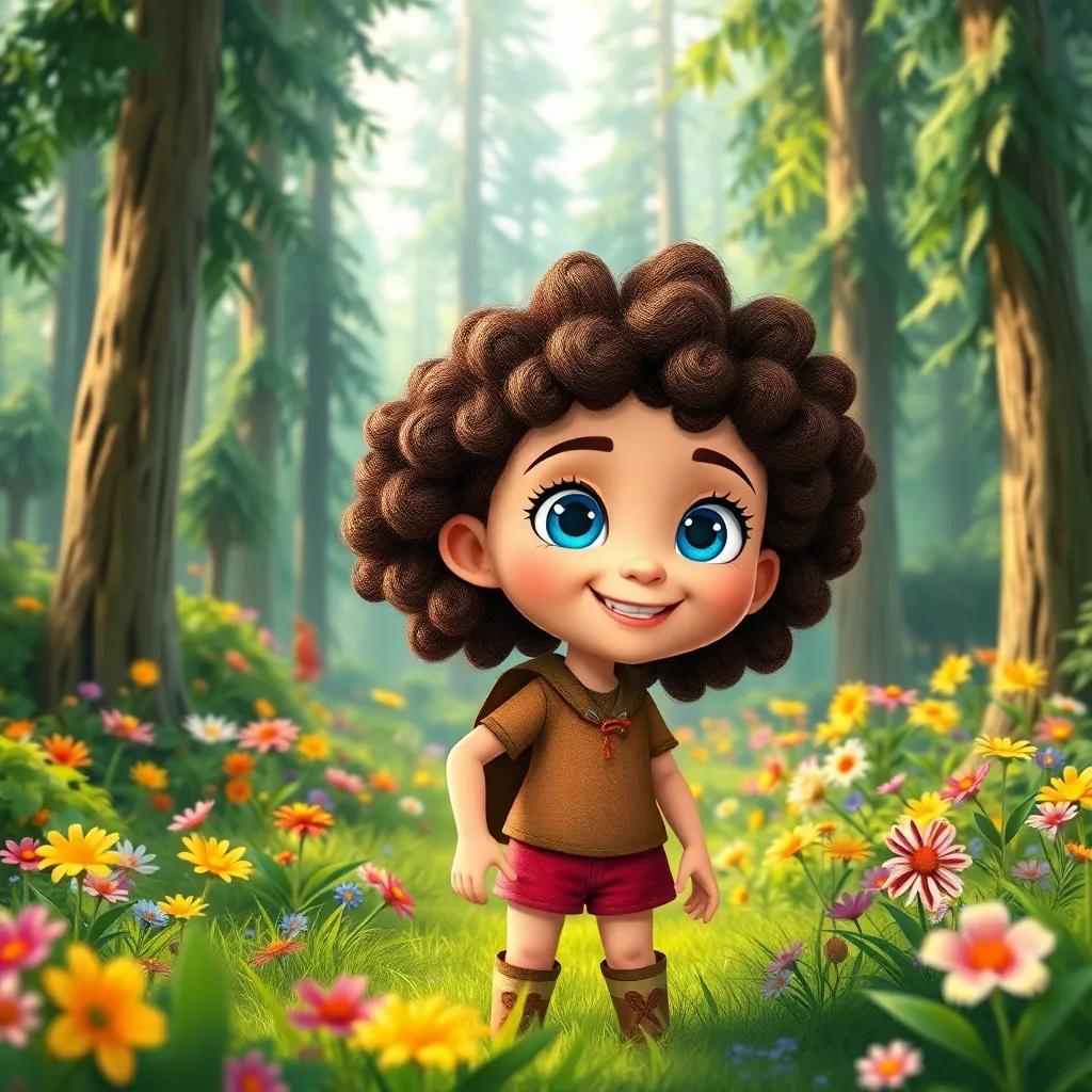 A brave girl named Lena with bright blue eyes and curly hair, standing in a lush green forest filled with colorful flowers and tall trees, cheerful and adventurous, children's illustration, vibrant colors, magical atmosphere, high-quality