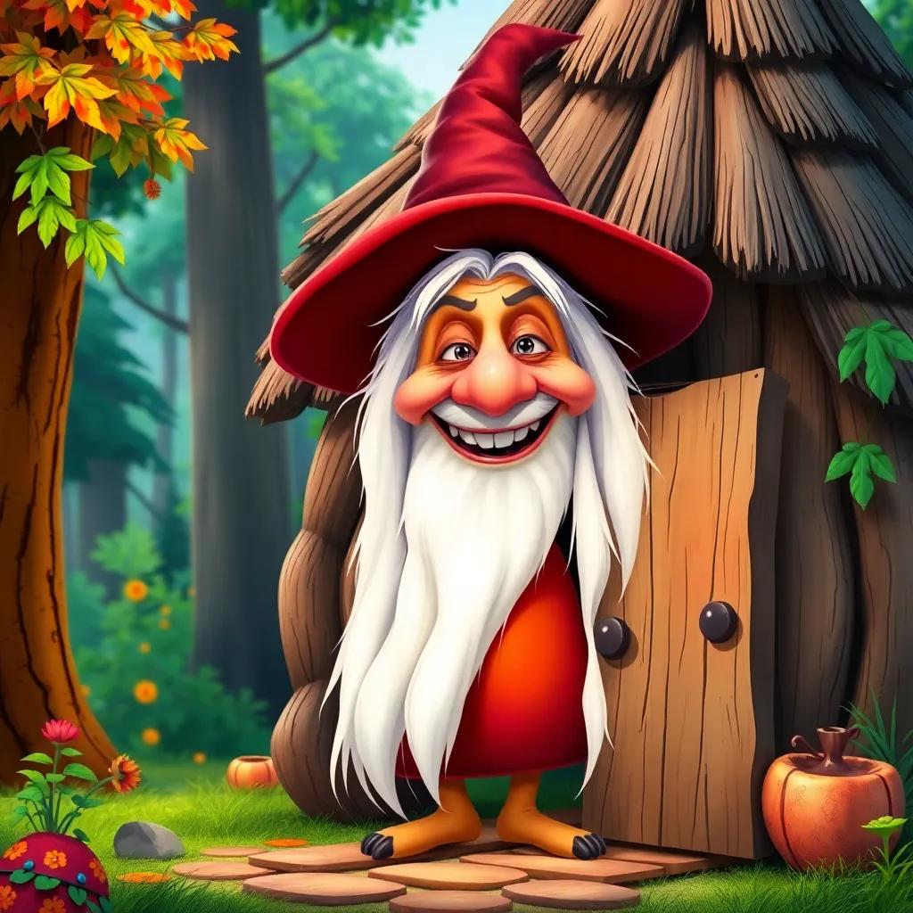 Baba Yaga, an old witch with long, white hair wearing a pointy hat, standing at the door of her hut with sharp teeth and a friendly smile, in a colorful forest setting, children-friendly, charming, bright colors, inviting
