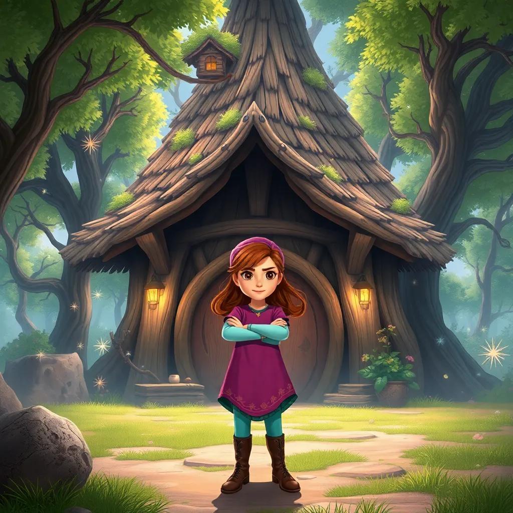 Lena bravely standing in front of Baba Yaga, with her arms crossed and a determined look, the hut spinning around them, filled with trees and magical sparkles, lively and engaging, high-quality illustration, fantasy scene