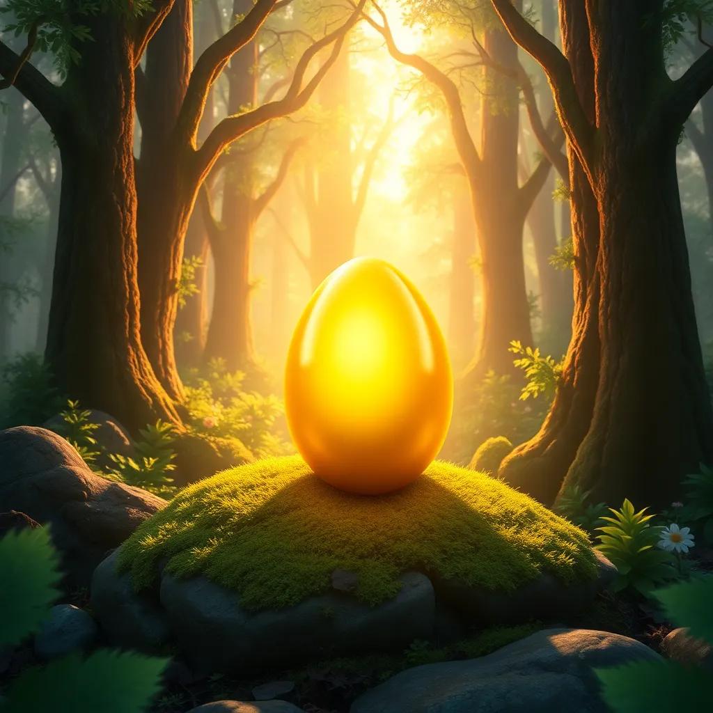 A golden egg resting on a mossy stone in a magical forest, with sunlight shining through the trees, creating a warm glow around the egg, enchanting atmosphere, child-friendly, colorful and detailed