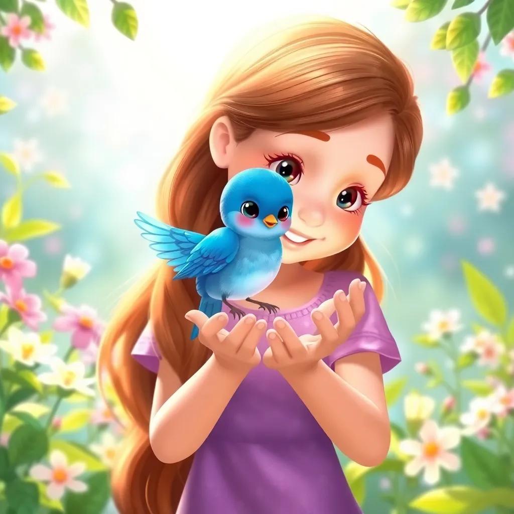 Lena gently catching a beautiful bluebird in her hands, surrounded by flowers and bright green leaves, happy and light-hearted scene, children's illustration, vibrant colors, magical feeling