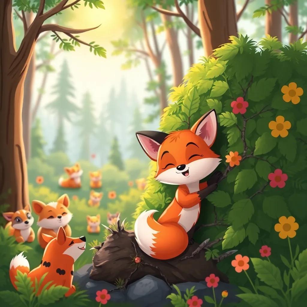 A little fox stuck in a thorny bush with Lena carefully helping it, a warm sun shining down, the forest filled with other cute animals watching, heartwarming and kind, colorful illustration, high-quality, cheerful