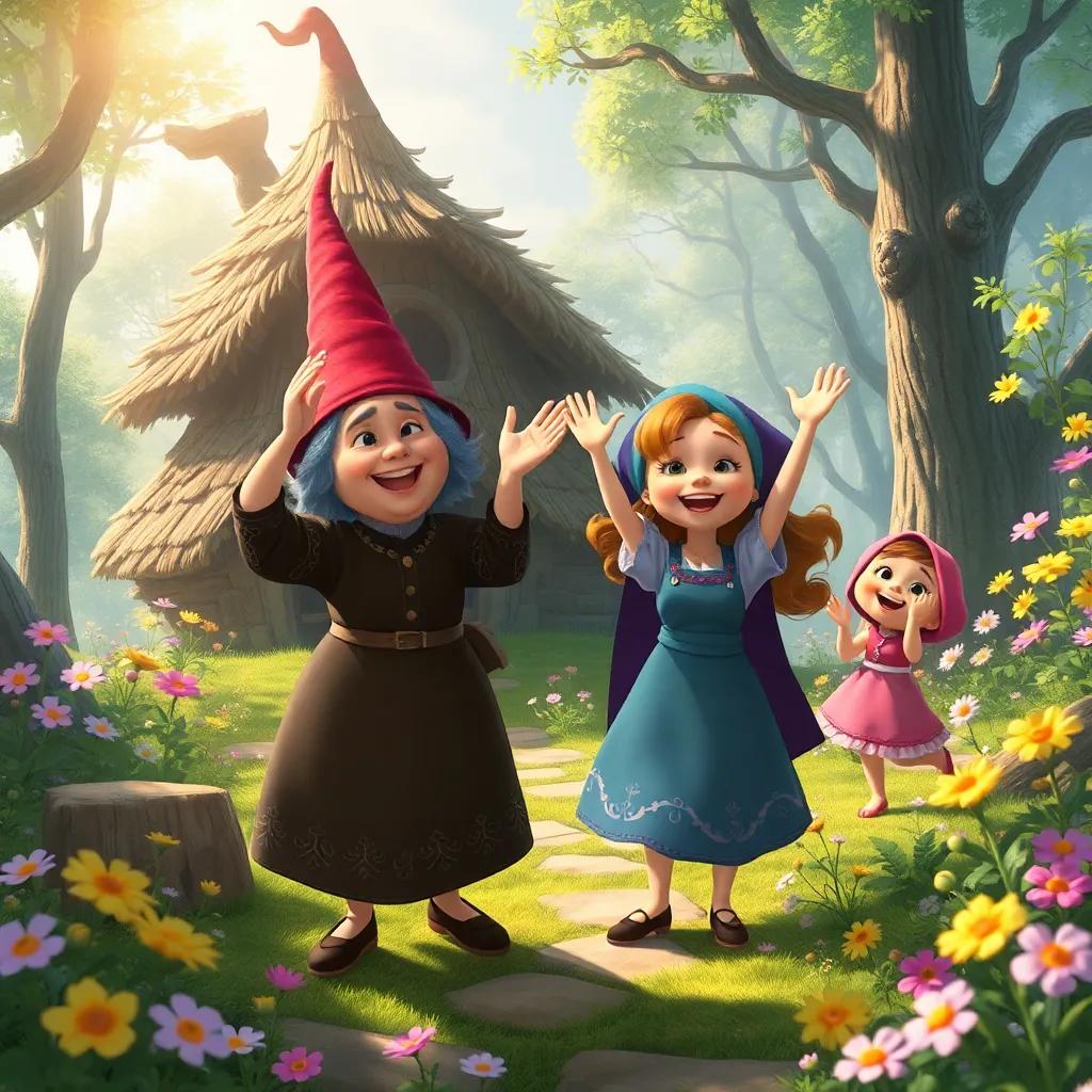 Baba Yaga cheering with joy as Lena returns with her tasks completed, the crooked hut in the background and smiles all around, magical forest filled with flowers and sunshine, lively and joyful, children's-friendly art, high quality