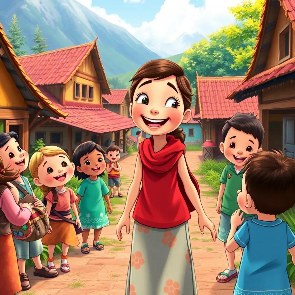 Lena walking back to her village, telling her friends about her adventures with a big smile on her face, surrounded by excited children, colorful village scene, heartwarming and uplifting, vibrant colors, engaging illustration