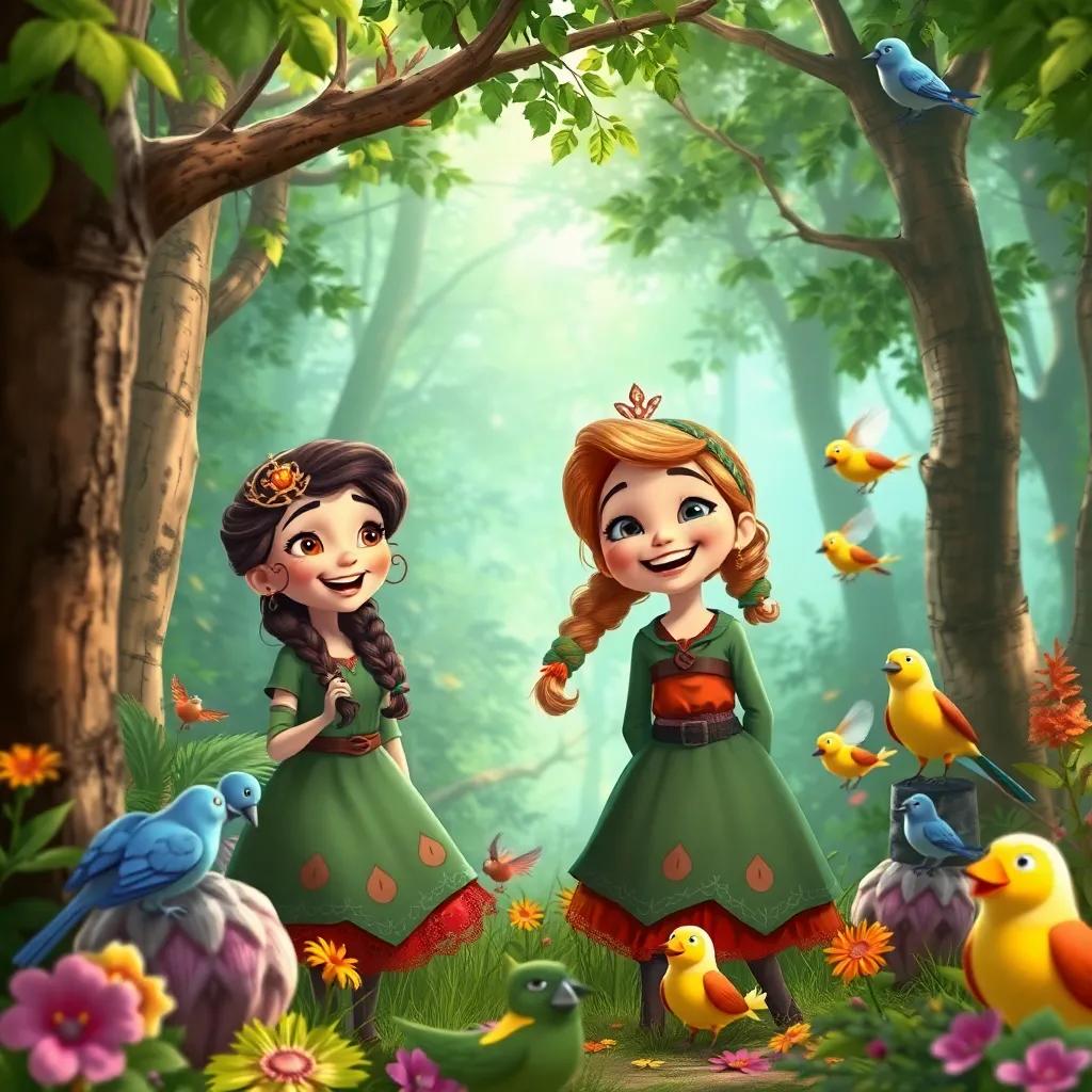 A joyful scene of Lena and Baba Yaga in the forest, both smiling as friends, with magical creatures and birds around them, bright and colorful, enchanting atmosphere, high-quality children's illustration