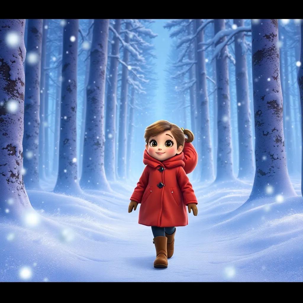 Ella in her warm coat, walking through a snowy forest with glittering snowflakes falling around her, tall trees covered in snow, looking determined, digital painting, bright colors, magical winter scene, high quality