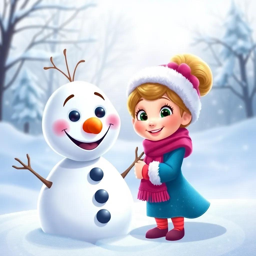 Ella meeting a friendly snowman named Frosty, with a big smile and carrot nose, in a snowy landscape, they are surrounded by sparkling snowflakes, illustration, joyful and vibrant, child-friendly style, high quality