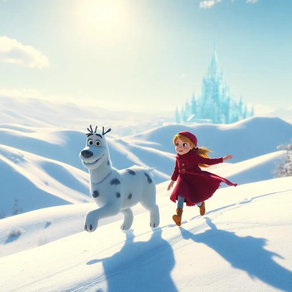 Ella and Frosty traveling over snowy hills, with the wind blowing gently around them, a beautiful view of a sparkling ice palace in the distance, digital art, bright sunlight reflecting on the snow, adventure-themed, high quality