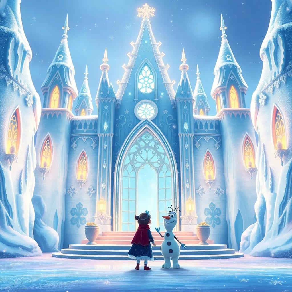 The icy palace of the Snow Queen, shining like diamonds with frost-covered walls, Ella and Frosty standing in awe outside its grand entrance, illustration, magical atmosphere, shimmering details, high quality