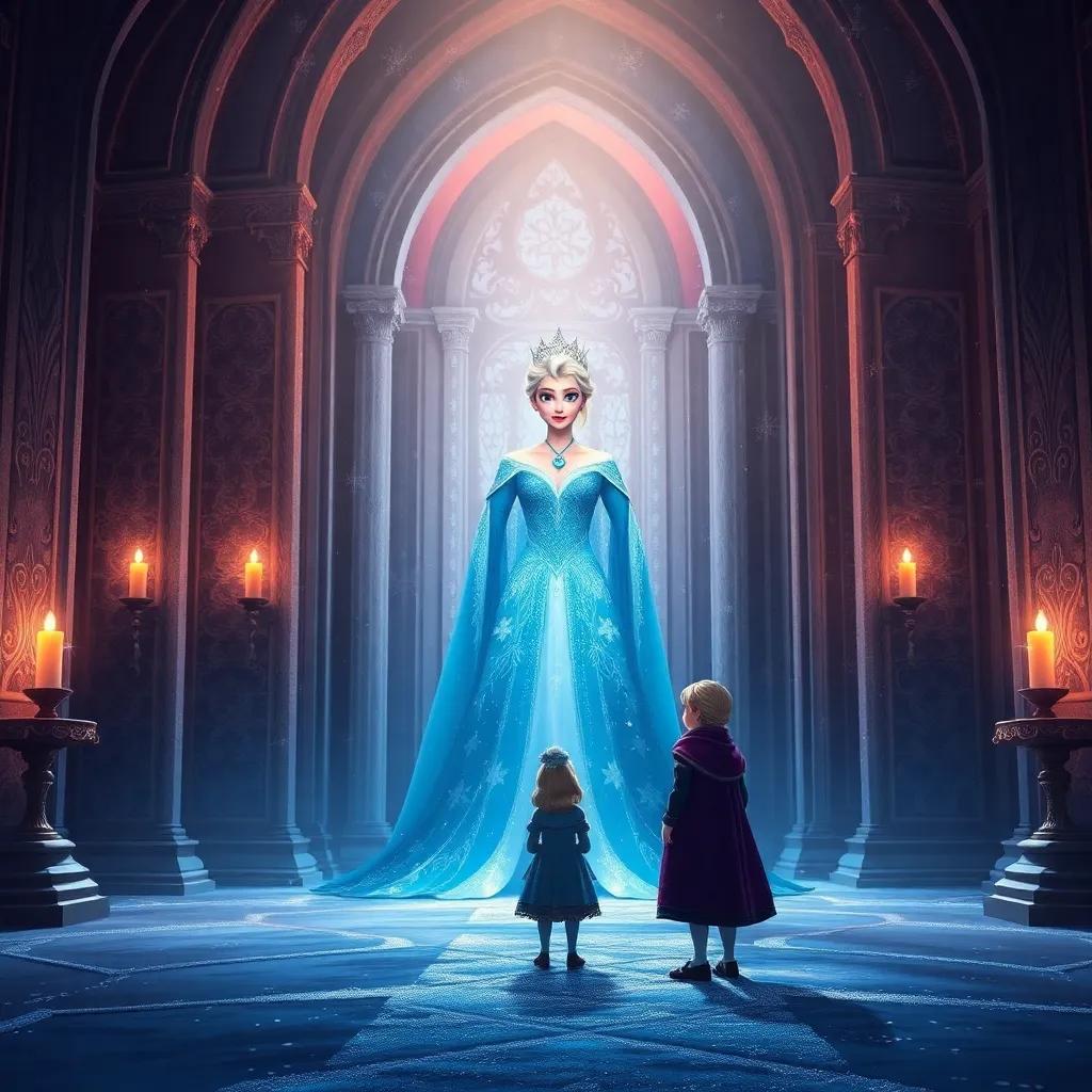 Inside the palace, the Snow Queen appears in her gown of winter sky, with a crown of frost, Ella standing bravely before her, cold shimmering walls around, artwork, dramatic yet child-friendly, high quality