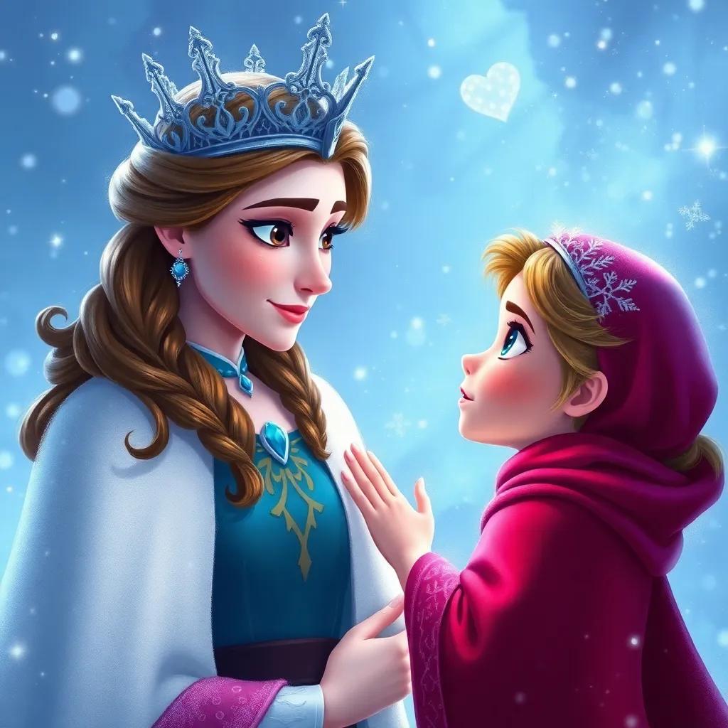 Ella, bravely confronting the Snow Queen, with confidence and love in her heart, the Snow Queen looking surprised and thoughtful, sparkling ice all around them, digital painting, vibrant yet magical, high quality