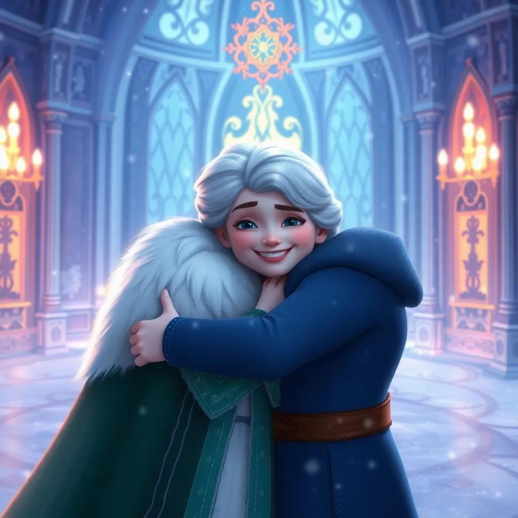 The Snow Queen smiling warmly as she releases Tom from the icy spell, Ella and Tom embracing joyfully in the shimmering palace, winter magic captured, illustration, heartwarming scene, high quality