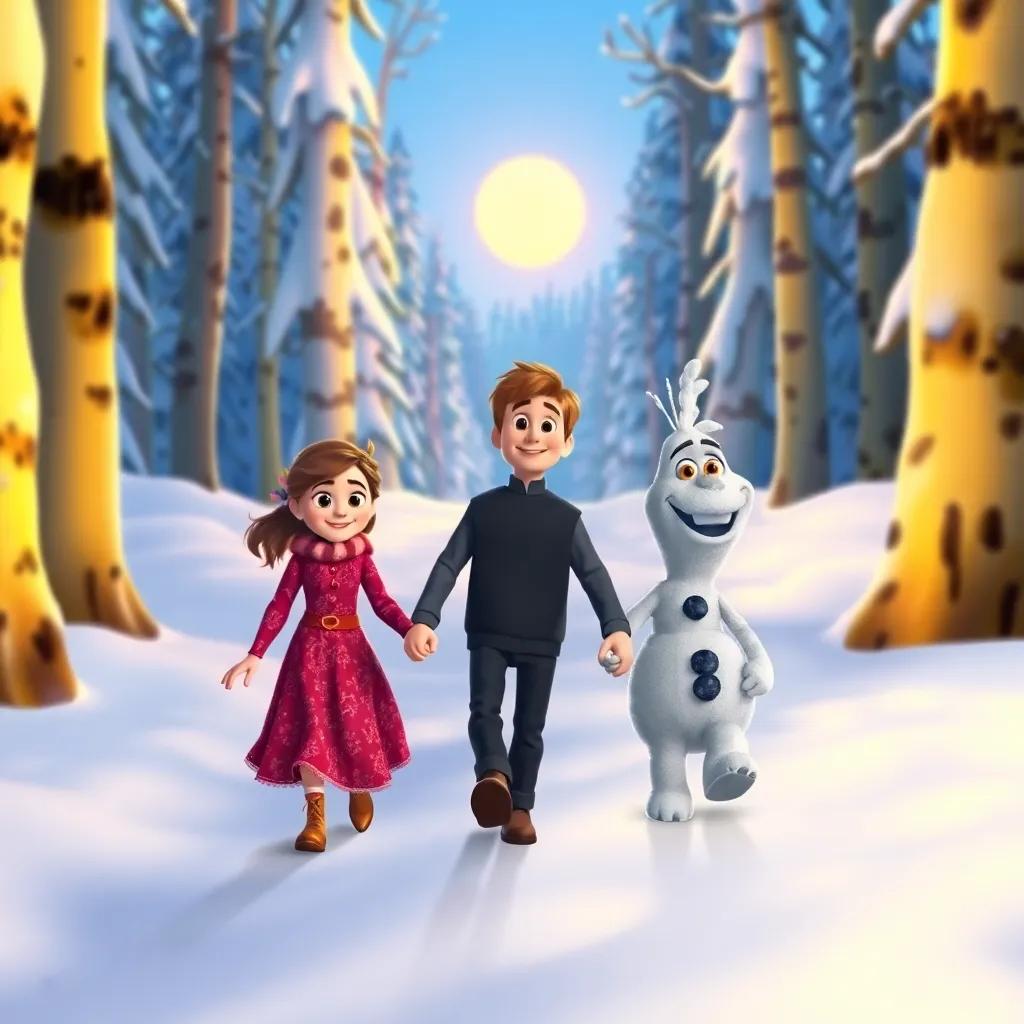 Ella, Tom, and Frosty walking back through the snowy forest hand in hand, the sun shining and melting the snow, bright and colorful scenery, digital art, cheerful ending, high quality