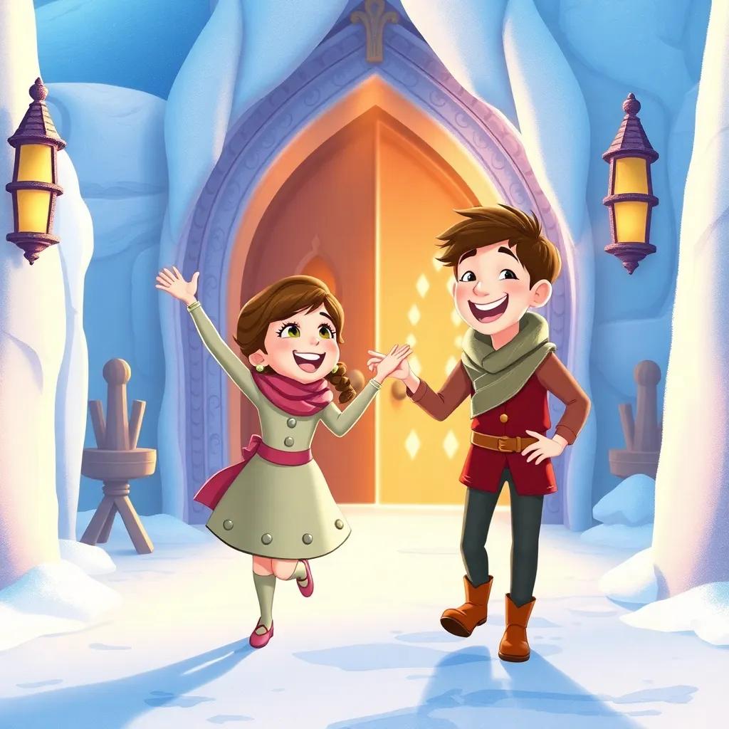 Ella and Tom celebrating with laughter as they leave the Snow Queen's palace, the once icy surroundings now warm with sunlight, a feeling of love and happiness, illustration, inviting and joyful, high quality