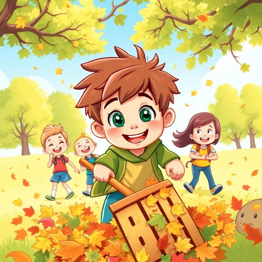 Benji, a brave boy with tousled brown hair and bright green eyes, raking leaves with friends in a sunny park, smiles all around, tree branches scattered, digital art, cheerful colors, uplifting scene, aerial view, high quality