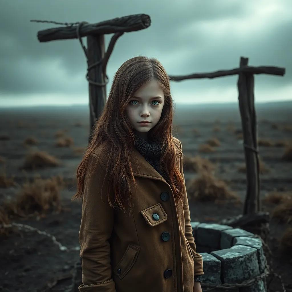 A young girl, Valeria, with long brown hair and bright green eyes, wearing a weathered coat, standing determinedly by a dry well in a gray landscape with cold winds, digital art, dramatic lighting, somber colors, strong focus, high quality