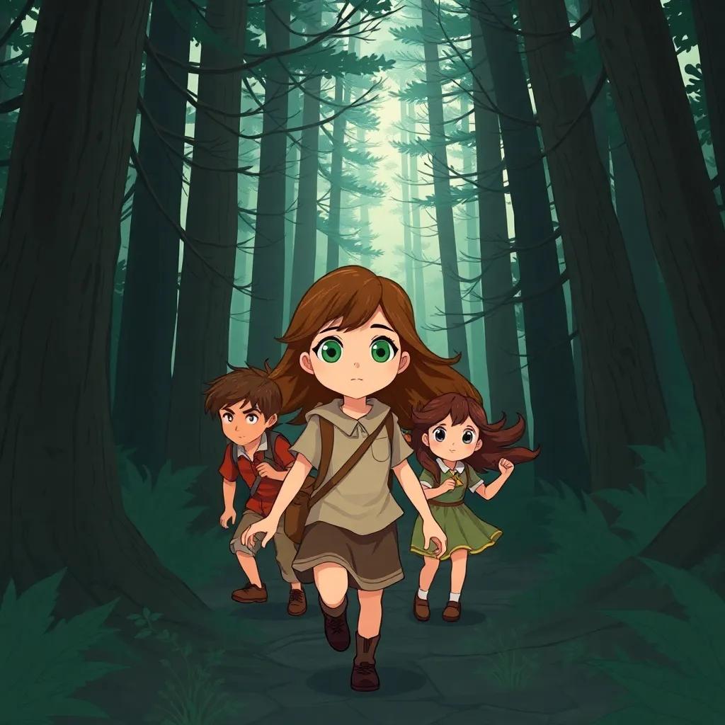 Valeria, a young girl with long brown hair and lively green eyes, marching bravely alongside her friends Marco and Lila through a dark forest, facing strong winds, surrounded by tall trees with swaying branches, illustration, adventurous atmosphere, rich greens and browns, child-friendly, dynamic angle, high quality