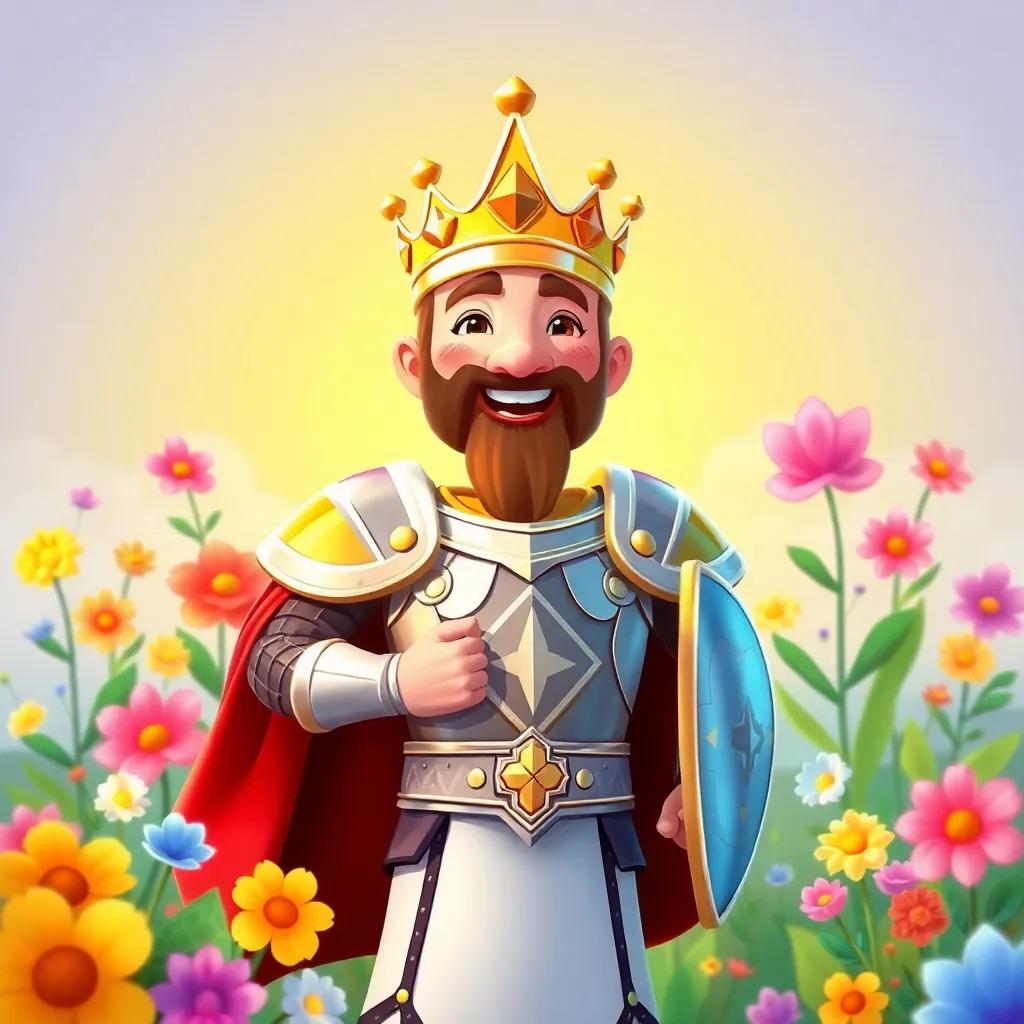 A brave king, Rafid, standing tall in shining armor, with a golden crown and a determined smile, surrounded by colorful flowers and a bright sun, illustration, cheerful, vibrant colors, joyful atmosphere, high quality