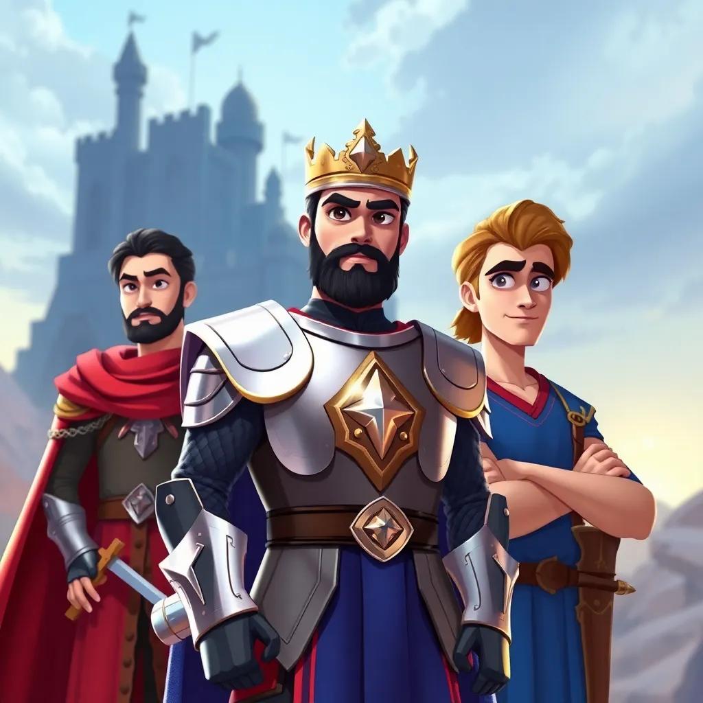 King Rafid, wearing shiny armor, standing proudly with his friends Samer, a skilled swordsman with a blue tunic and Elie, a brilliant strategist with a thoughtful look, facing a dark castle in the distance, illustration, epic, bright colors, heroic scene, high quality