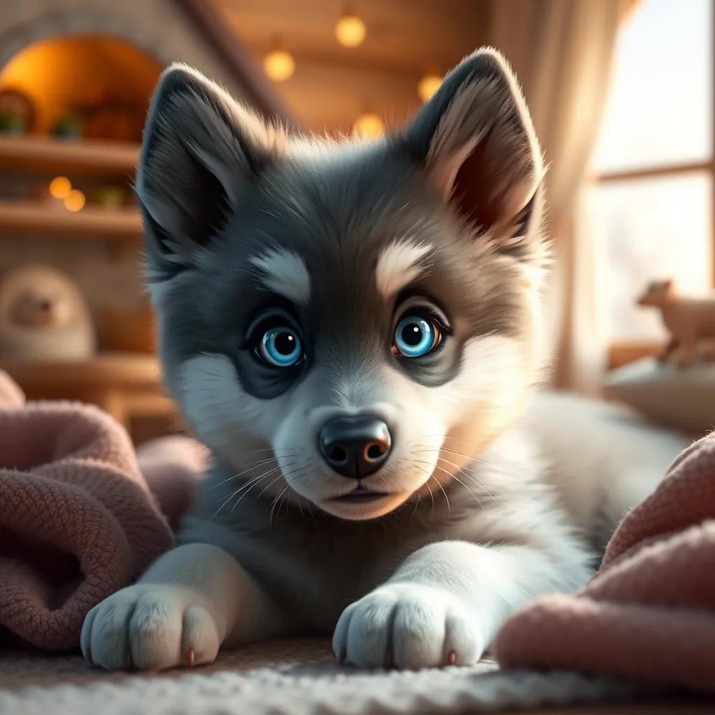 A Klee Kai puppy named Max with fluffy gray fur and bright blue eyes, lying in a cozy little house surrounded by warmth and family, digital art, soft colors, cheerful atmosphere, high quality