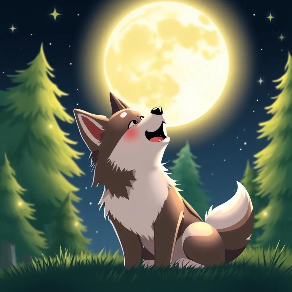 Max the Klee Kai puppy practicing howling under a bright full moon, with trees and stars in the background, illustration, magical night, warm light, charming