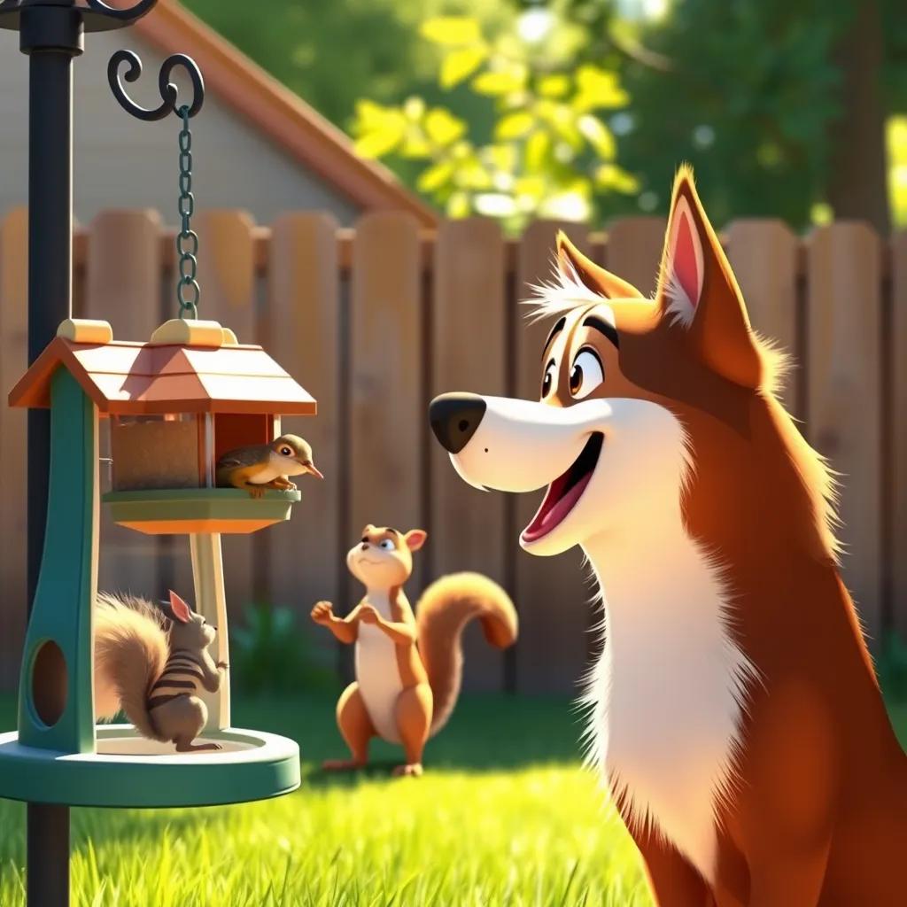 Max the Klee Kai barking at a squirrel next to a bird feeder in a sunny backyard, playful atmosphere, vibrant colors, child-friendly, bright light