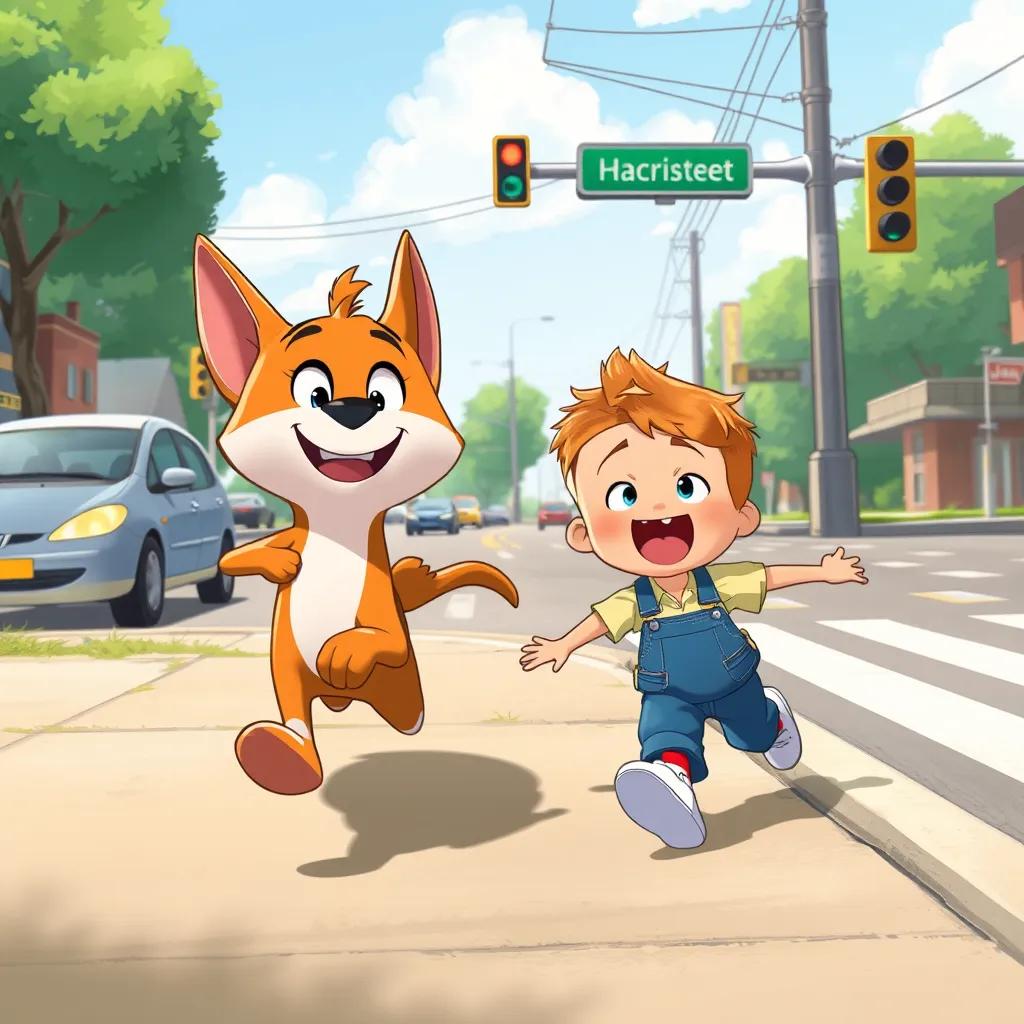 Max the Klee Kai running towards a little boy, Jamie, who is near a busy street, showing excitement and concern, illustration, heartwarming scene, bright colors, action-oriented
