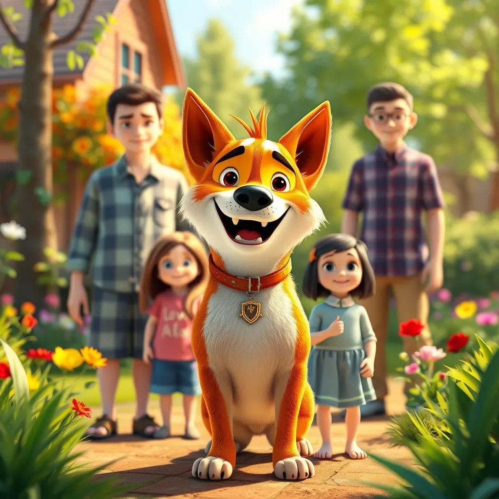 Max the Klee Kai standing proudly in front of his family in a sunny garden, symbolizing bravery and love, cheerful colors, happy mood, uplifting image