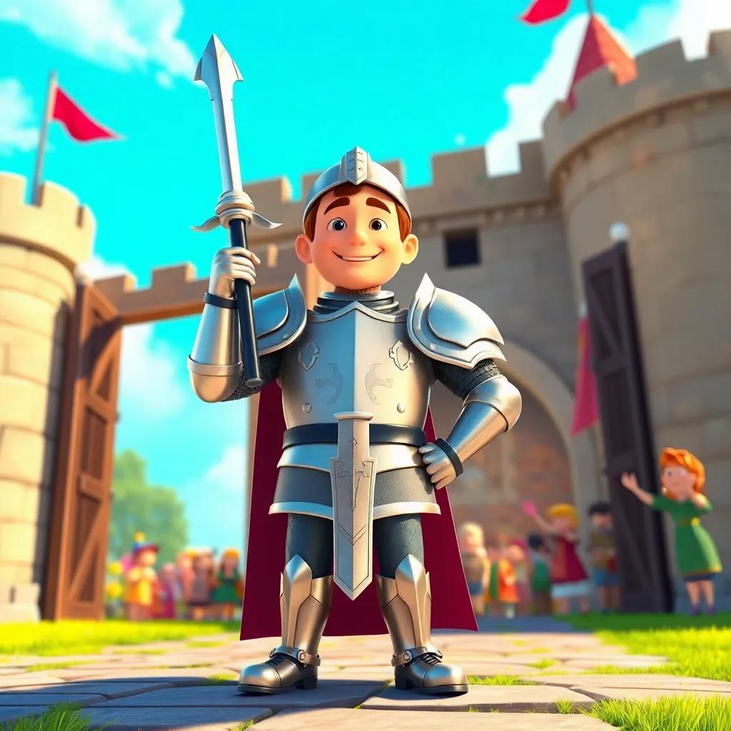 A brave knight named Sir Cedric, wearing shiny armor, standing confidently at the castle gates, with a bright blue sky and cheering villagers in the background, digital art, joyful atmosphere, vibrant colors, high quality