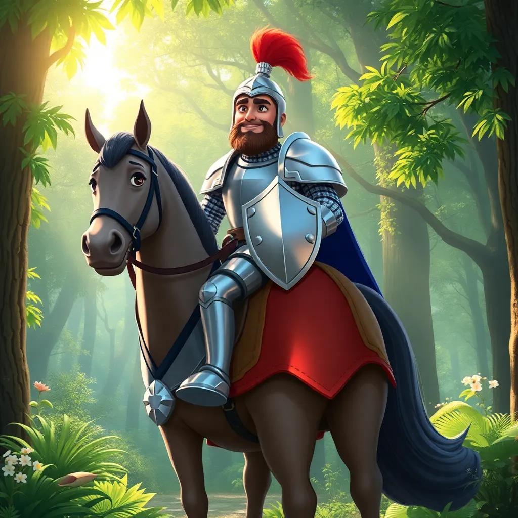 Sir Cedric, a tall knight in shiny armor, riding his loyal horse Thunder in a lush green forest, sunlight filtering through the leaves, an atmosphere of adventure and excitement, illustration, fantasy style, child-friendly