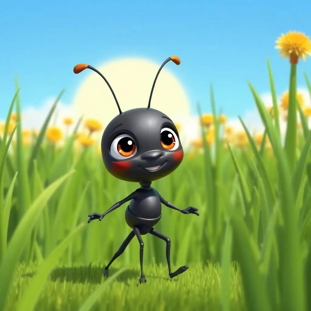Aiden, a brave little black ant with bright eyes, setting off on a sunny day, walking through tall green grass, cheerful atmosphere, digital art, colorful, child-friendly