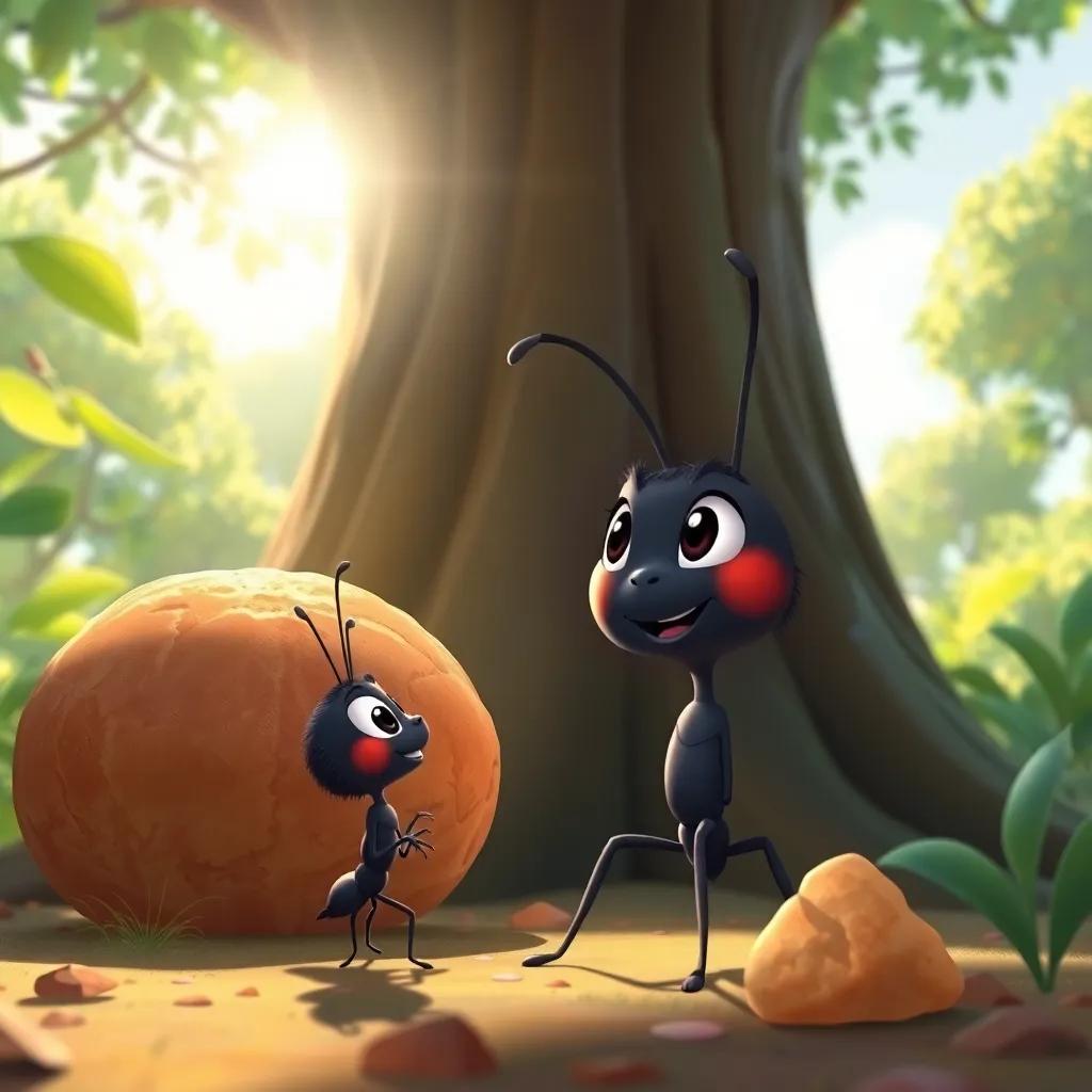 Aiden, a brave little black ant, looking at a big crumb near a giant tree, sunlight shining through leaves, eager expression, cheerful mood, illustration, vibrant, child-friendly