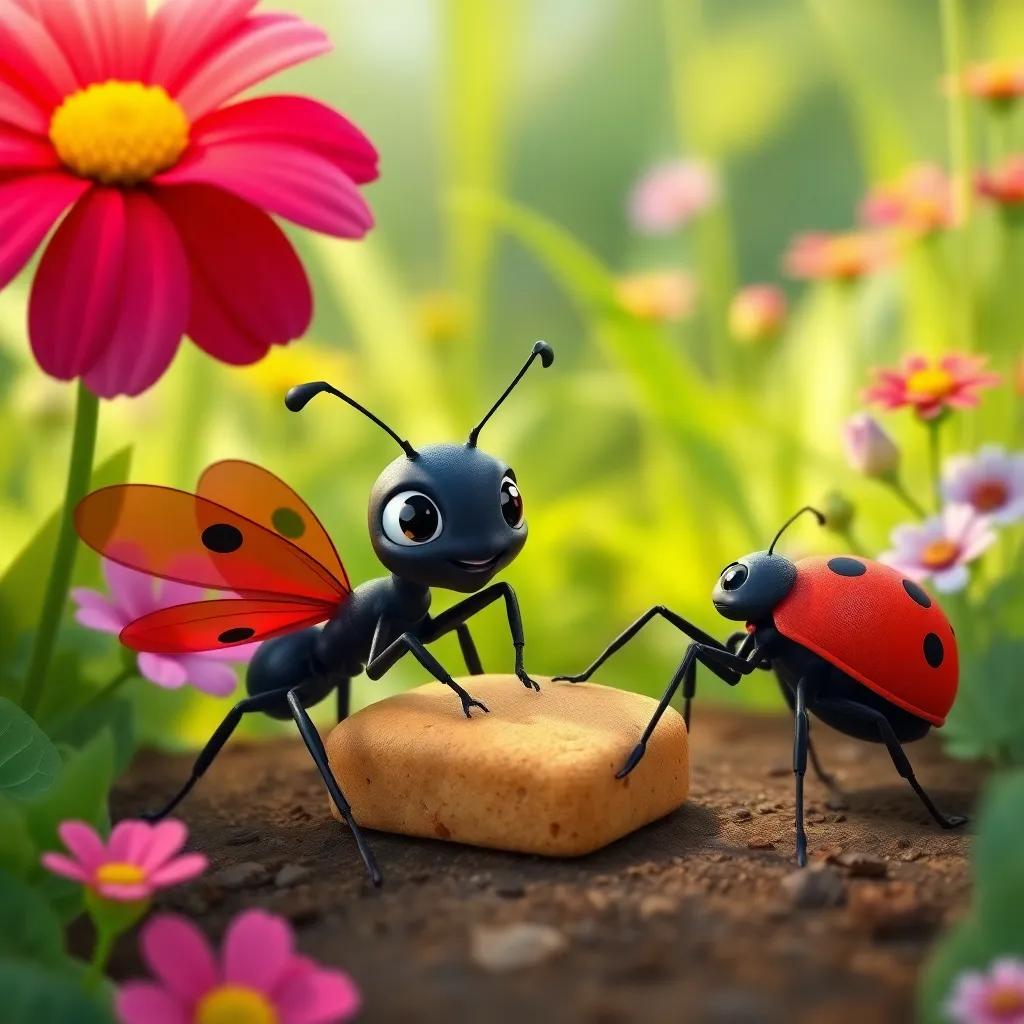Aiden, a brave little black ant, with Bella, a gentle ladybug with red wings, working together to move a crumb, surrounded by flowers and greenery, teamwork theme, colorful, friendly